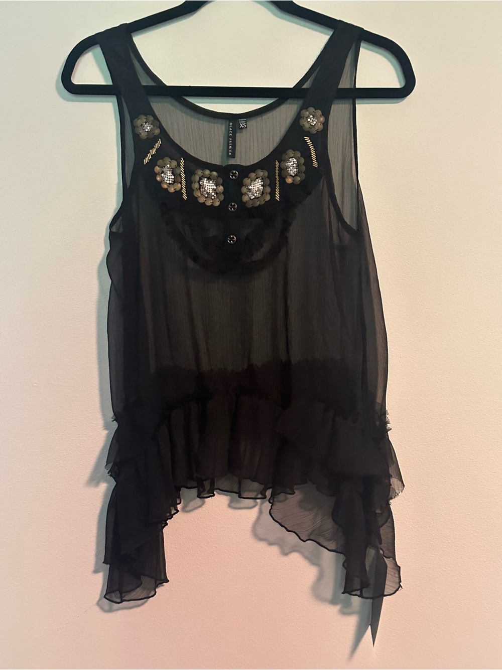 Affliction Black Premium Sheer Embellished Ruffle Tank Top NWT XS Gothic